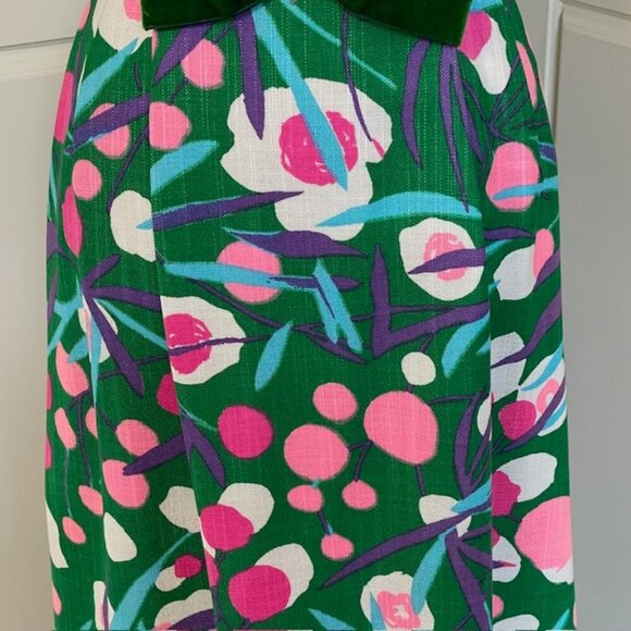 Vintage 1960's Linen Pink & Green Linen Floral High Waist Maxi Dress Vibrant - Picture 5 of 11
